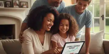 Family reviewing energy savings on a tablet with a cozy home backdrop