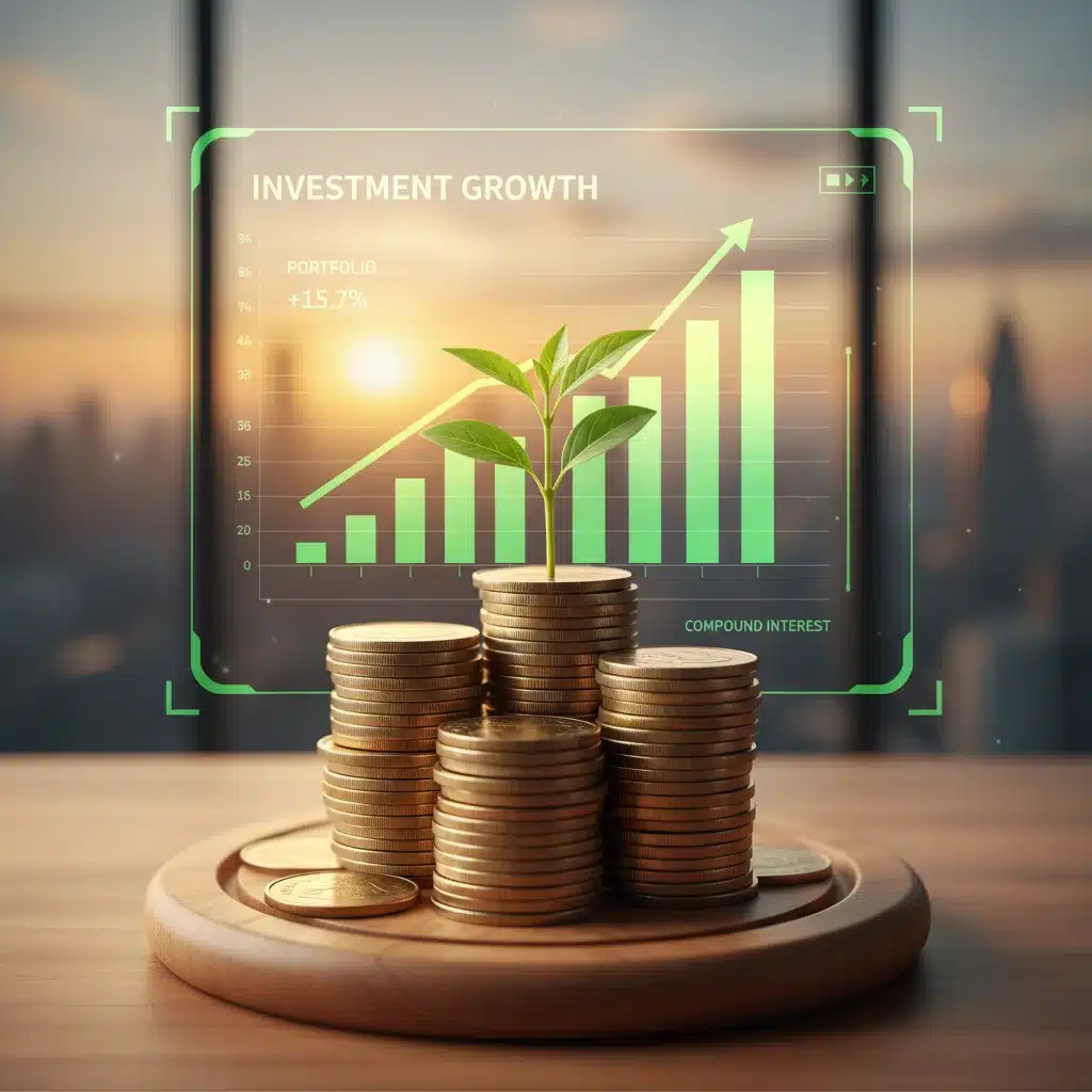 Small plant growing from coin stack with stock market graphs, symbolizing investment growth and wealth building.