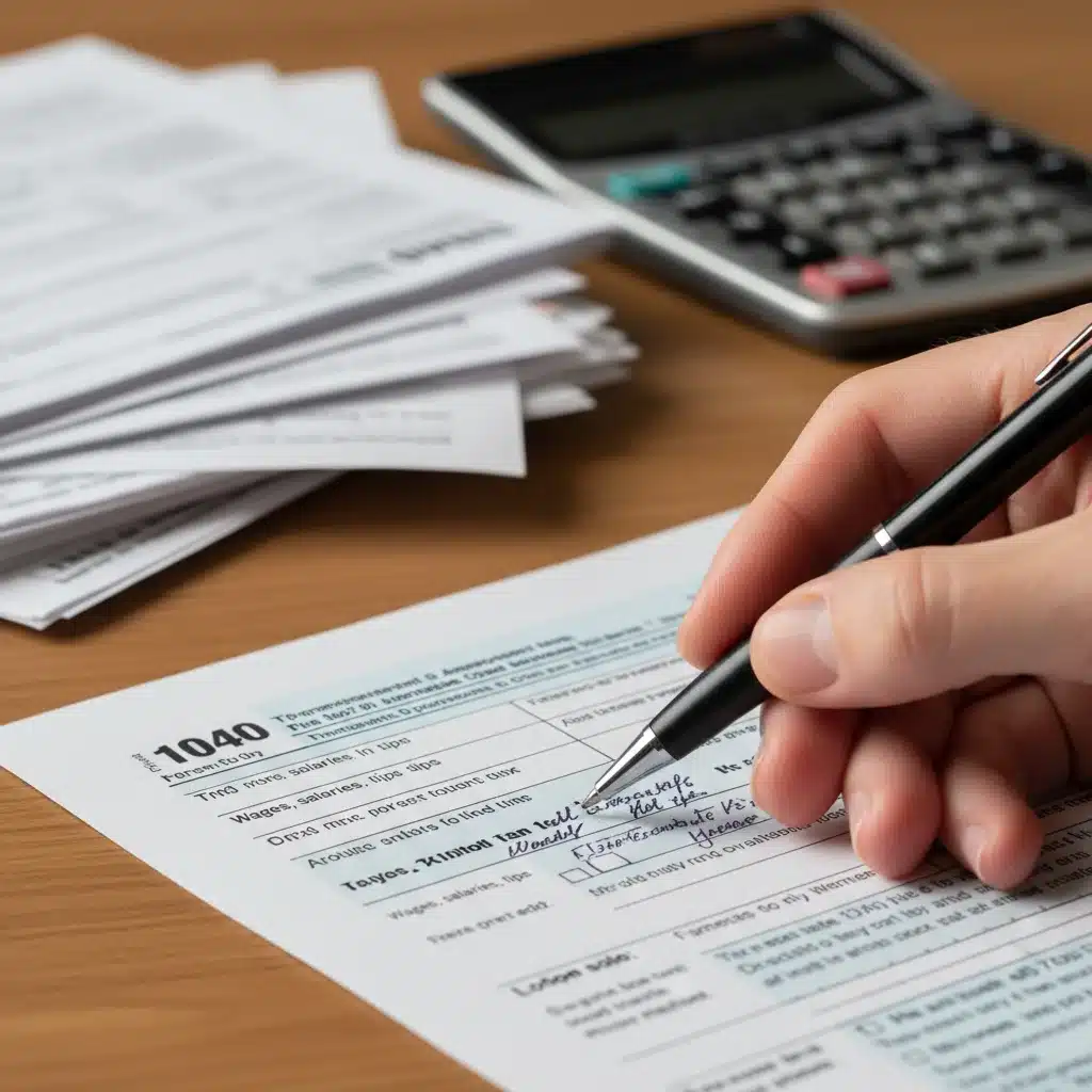 Detailed view of hand pointing at IRS Form 1040 during tax preparation.