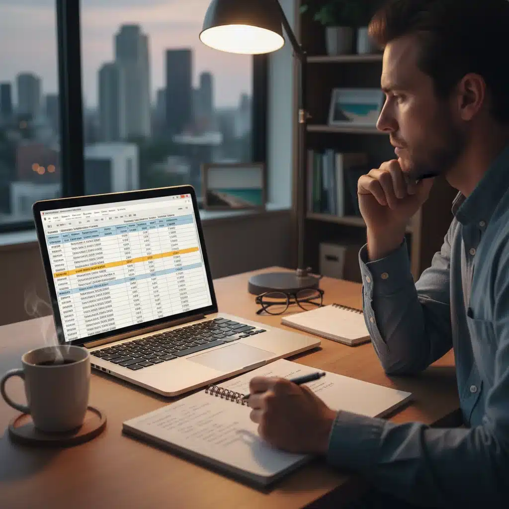 Individual thoughtfully planning retirement finances with a laptop and spreadsheet.