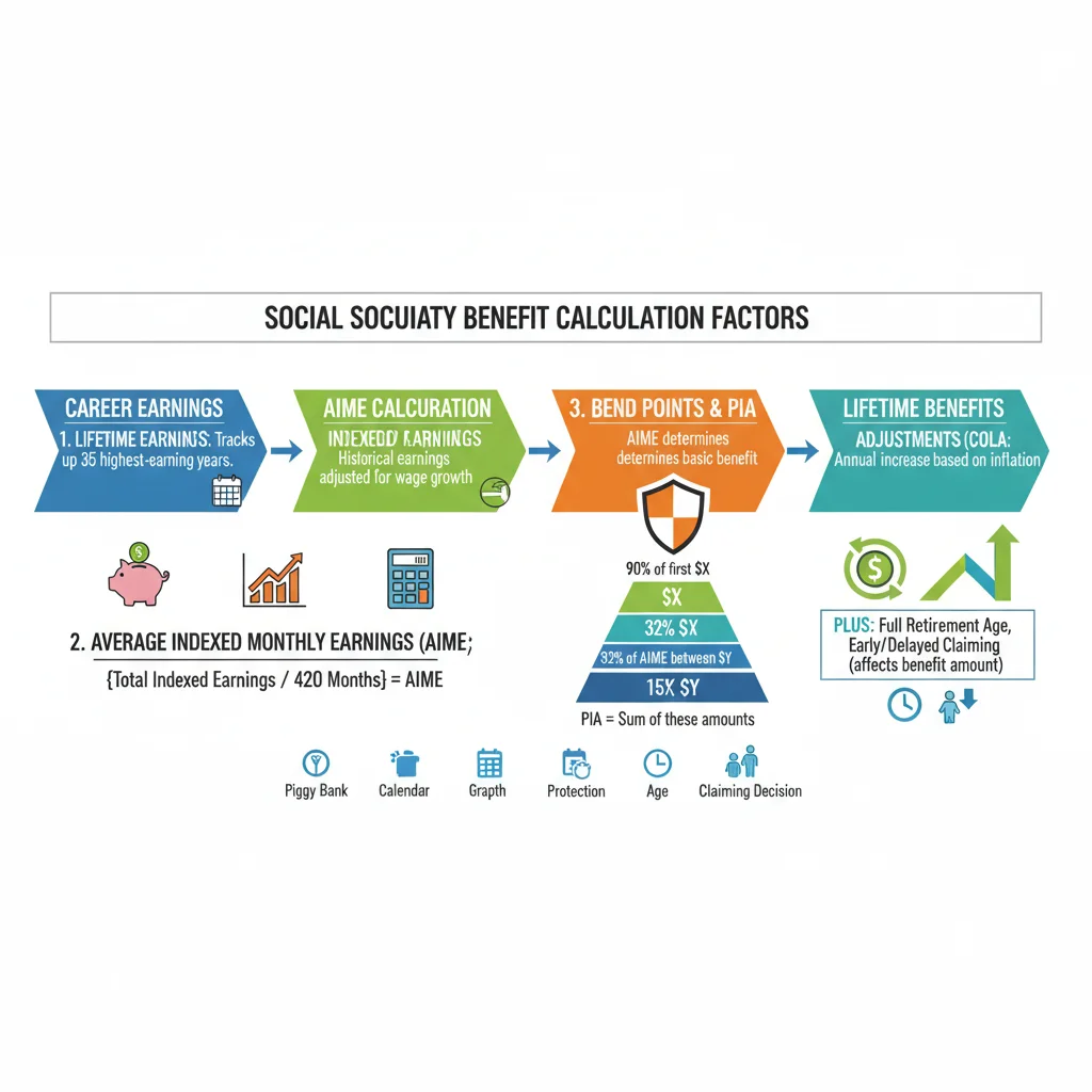 Infographic showing Social Security benefit calculation factors and COLA.