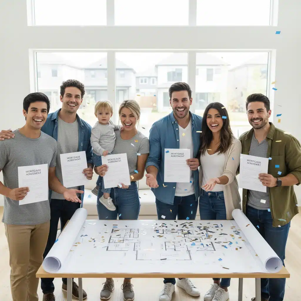 Diverse group of people happily discussing homeownership with mortgage documents.