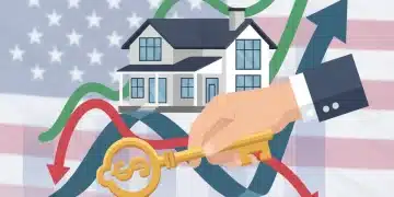 Illustration of a house with fluctuating mortgage rates and a hand locking in a rate.