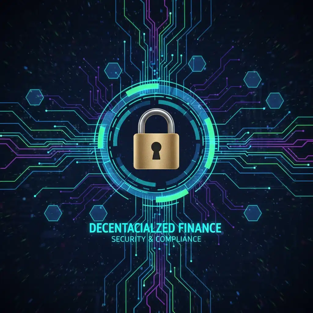 Blockchain network with padlock, symbolizing crypto security and compliance