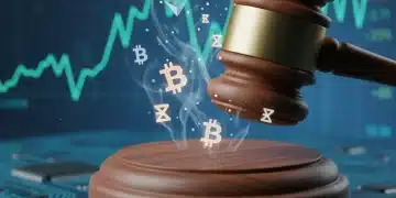 CFTC gavel striking block with crypto symbols and digital background