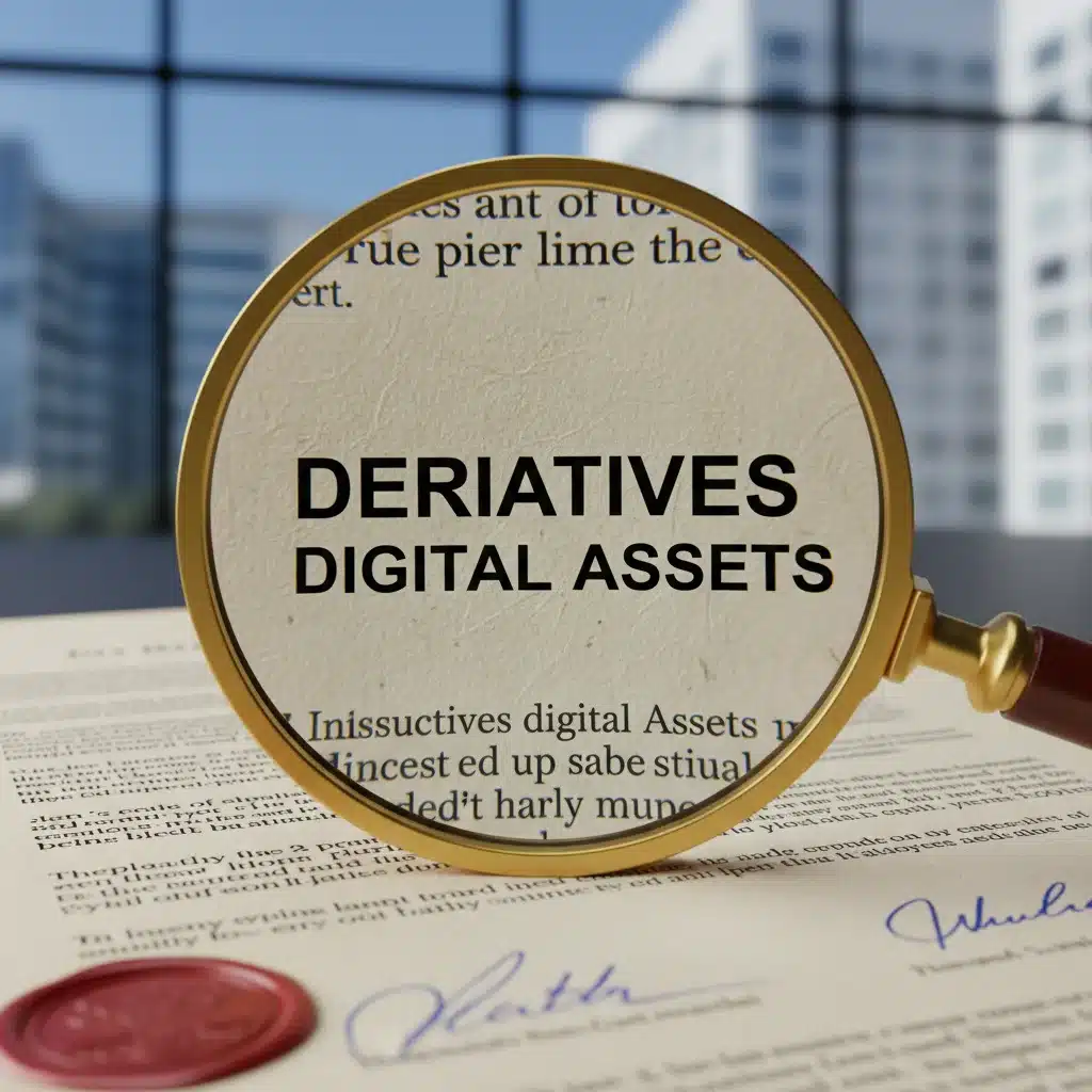 Magnifying glass over legal document on crypto derivatives