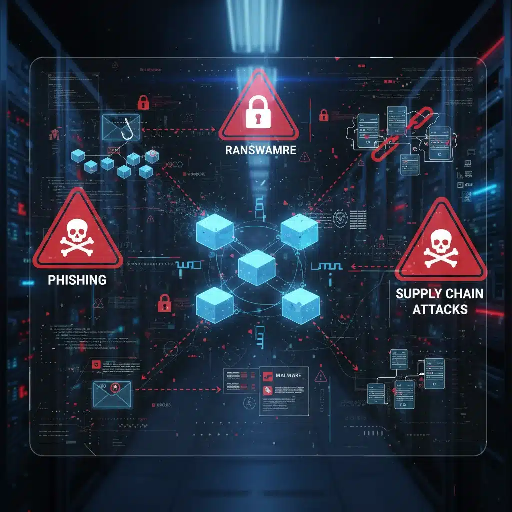 Diagram of cybersecurity threats targeting a distributed ledger technology network.