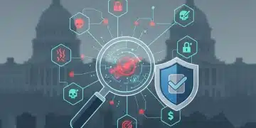 Stylized blockchain network with cybersecurity threats and a protective shield, representing the GAO audit findings.