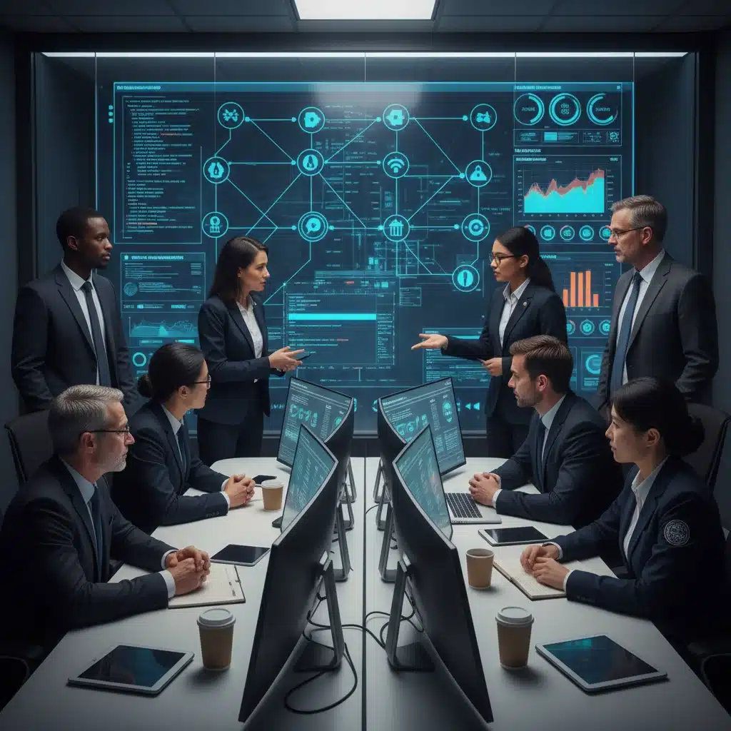 Government cybersecurity experts collaborating on secure blockchain architecture and risk mitigation.