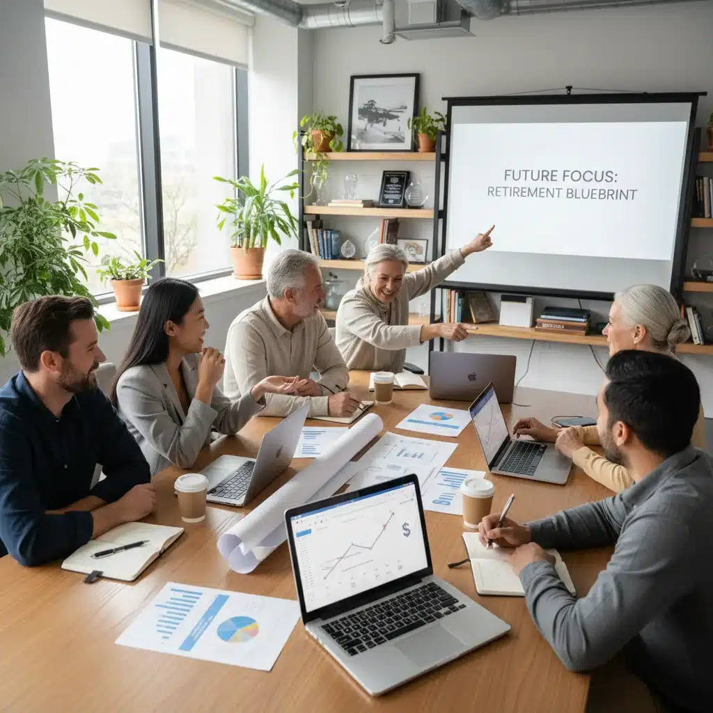 Diverse group discussing future retirement financial planning