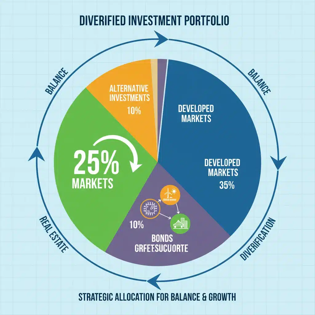 Diversified investment portfolio pie chart showing 25% allocation to emerging markets