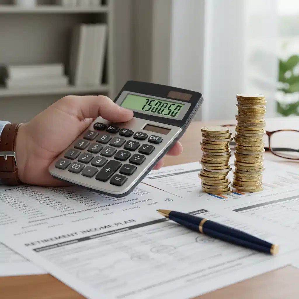 Hand using a calculator with coins and financial documents, illustrating retirement income calculations.