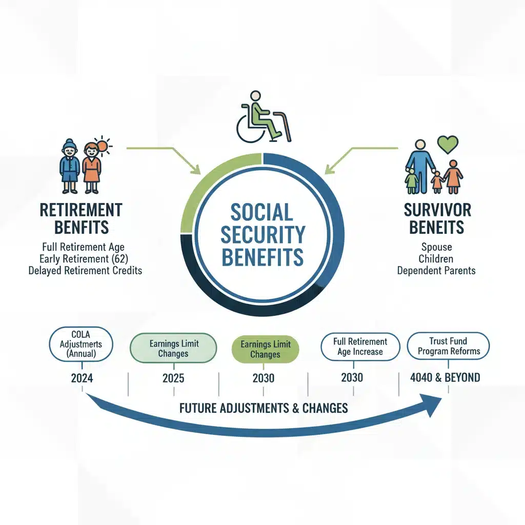 Infographic showing components of Social Security benefits and future adjustments.