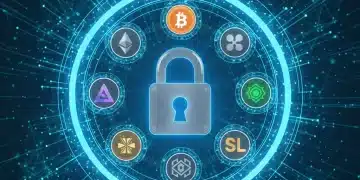 Futuristic digital shield protecting cryptocurrency icons on a blockchain network, symbolizing advanced crypto security.