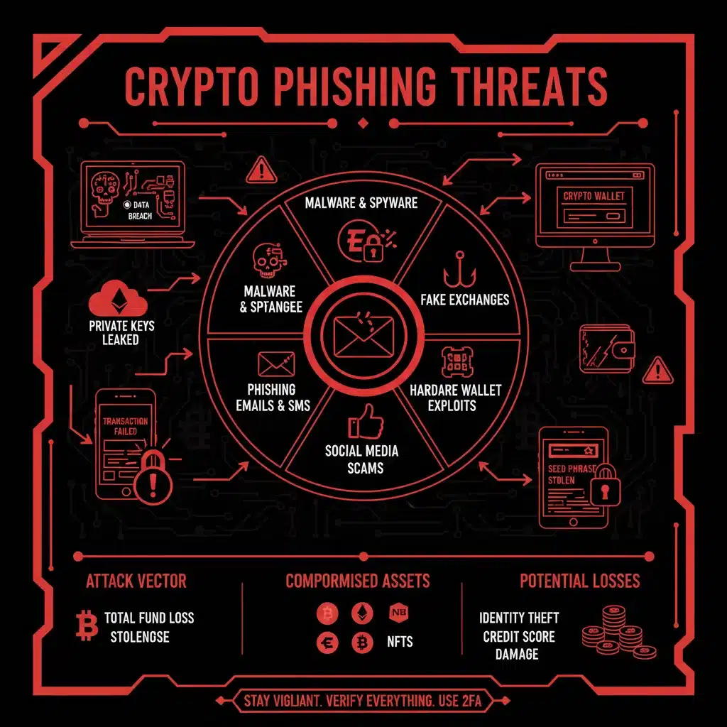 Infographic detailing various phishing attack vectors in cryptocurrency.