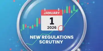 Magnifying glass over crypto graph with 2026 calendar, symbolizing new reporting mandates