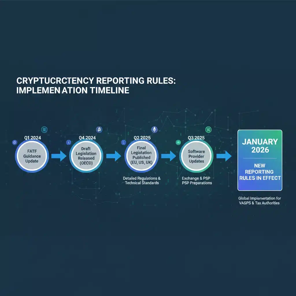 Infographic showing timeline of crypto reporting rule implementation leading to 2026