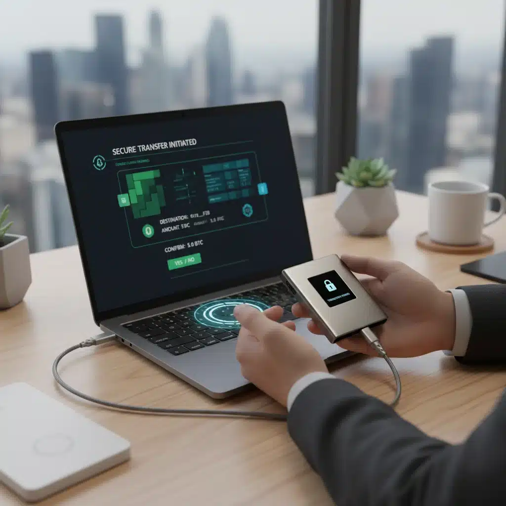 Person using a hardware wallet for secure cryptocurrency transactions.