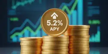 Golden coins with 5.2% APY symbol, financial charts in background