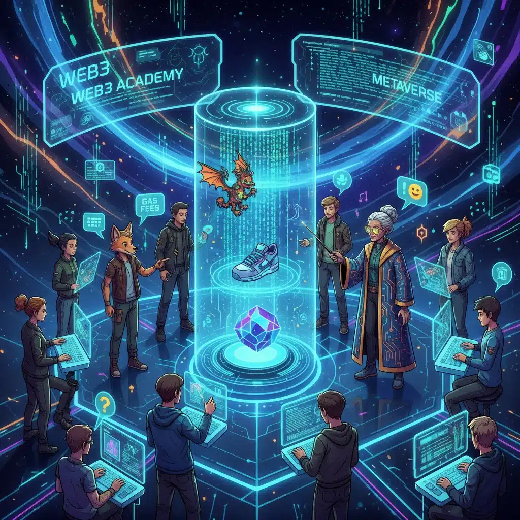 Virtual classroom in the metaverse with avatars learning about blockchain and NFTs through holographic displays, symbolizing immersive Web3 education.