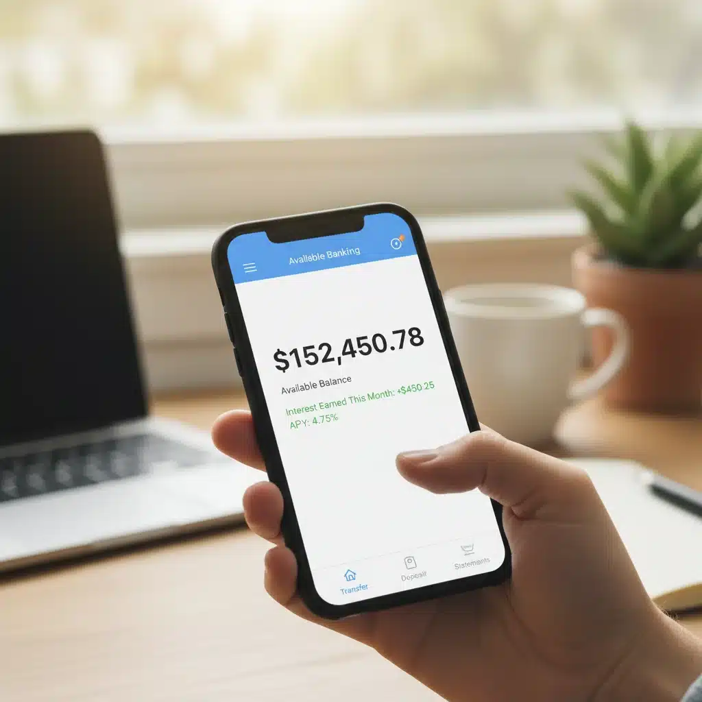 Person holding smartphone with online banking app showing high-yield savings