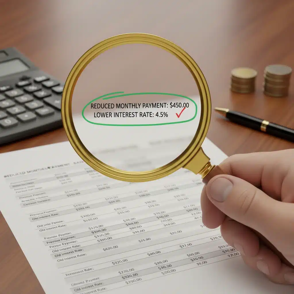 Magnifying glass over financial statement showing reduced payments