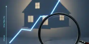 Graph showing rising interest rates impacting a mortgage document and a house.