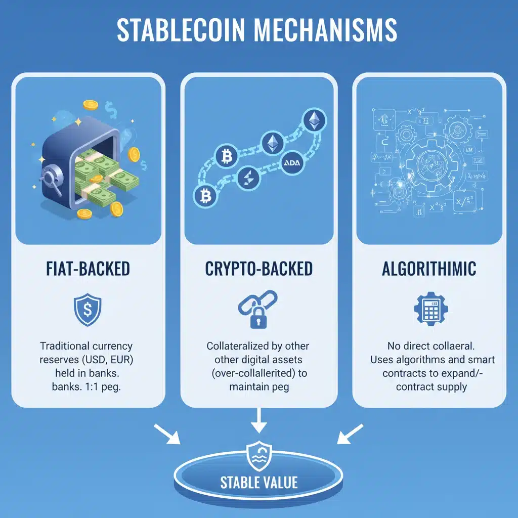 Infographic illustrating the three main types of stablecoin mechanisms: fiat-backed, crypto-backed, and algorithmic.
