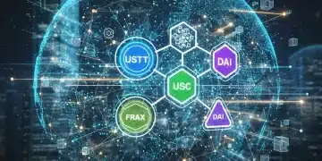 Illustration of stablecoins interconnected in a digital financial network, representing stability and innovation in 2026.