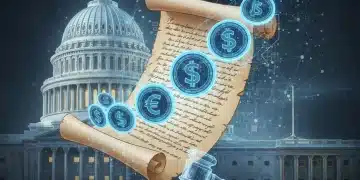 Stylized stablecoins interacting with legislative documents in front of the US Capitol, representing new regulations.