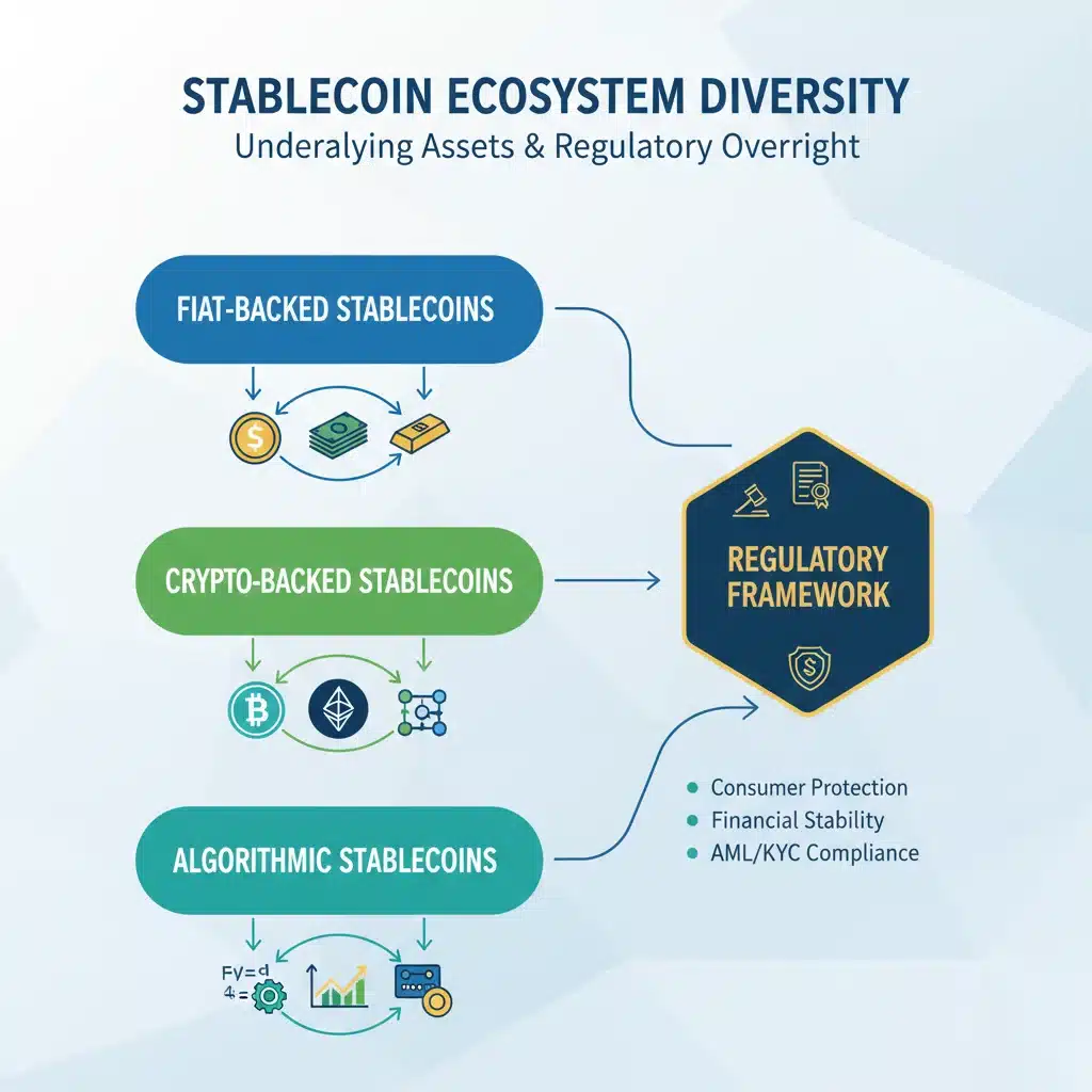 Infographic showing various stablecoin types and their integration into a regulatory framework.