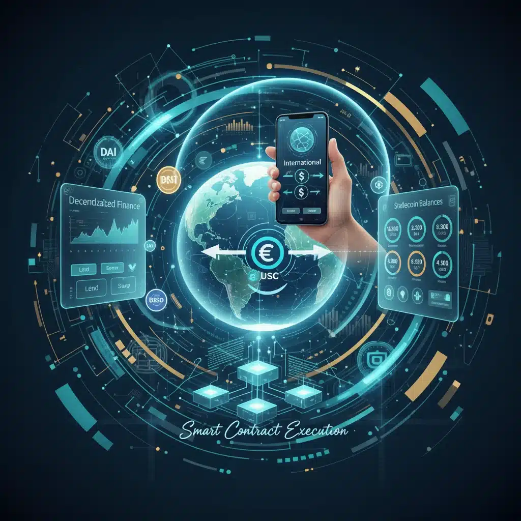 Visual representation of stablecoin use cases including international payments, DeFi, and digital asset management.
