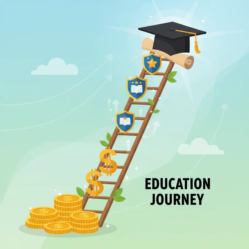 Visual representation of a student's journey through higher education with financial aid support.