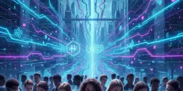 Futuristic digital landscape with interconnected nodes and diverse individuals learning about Web3 technology.