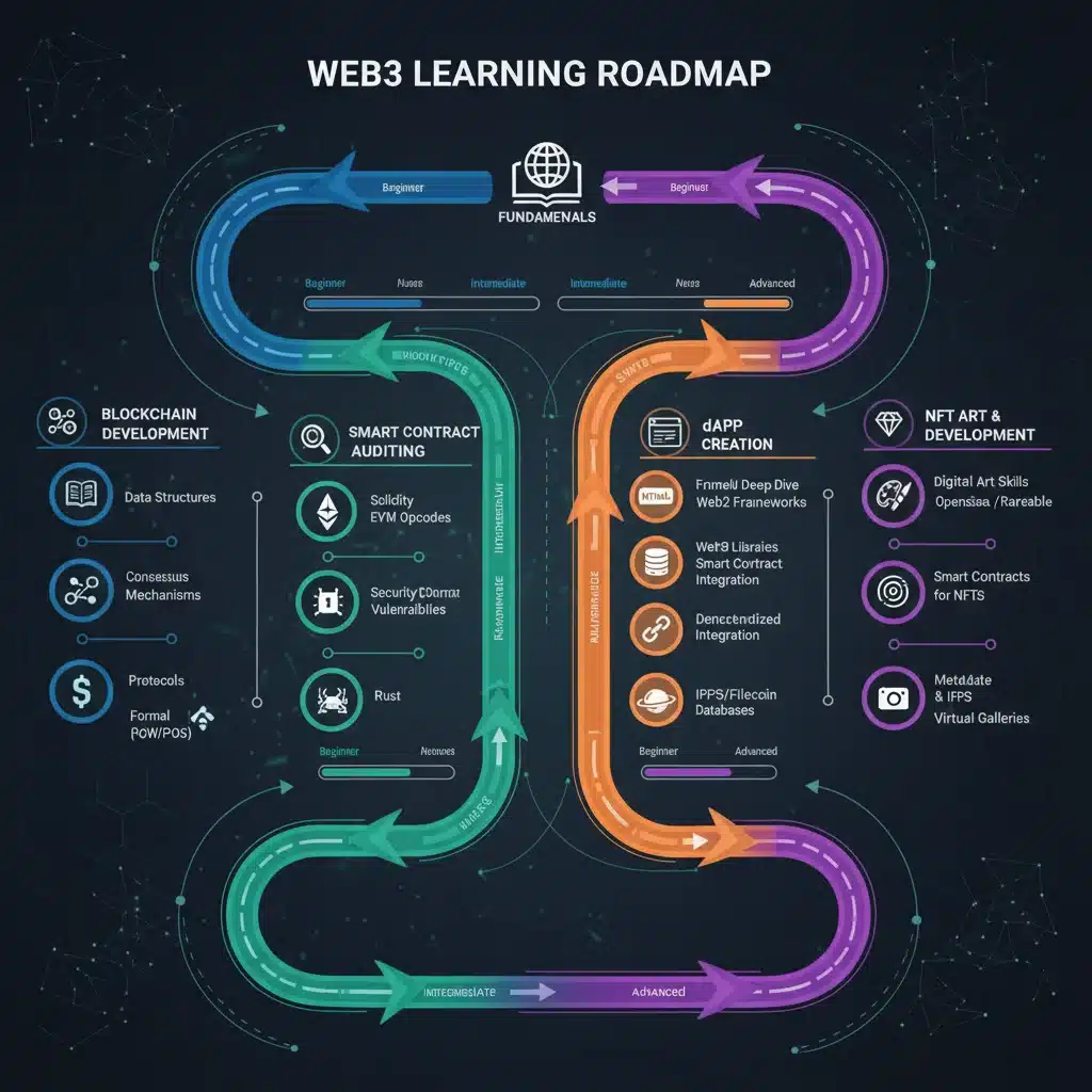 Infographic illustrating a detailed Web3 learning roadmap with various specialization paths and associated technologies.