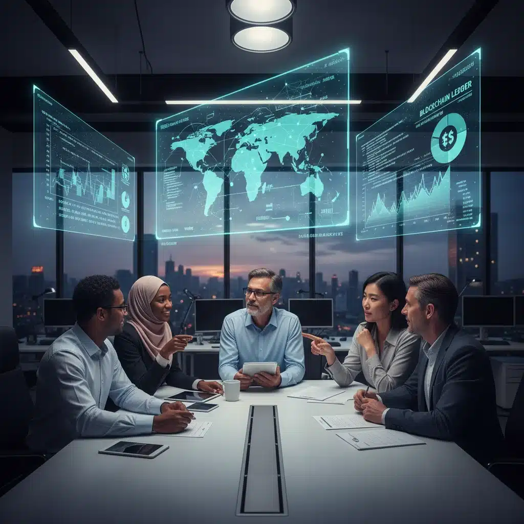 Professionals collaborating on blockchain data visualization in a modern office setting.