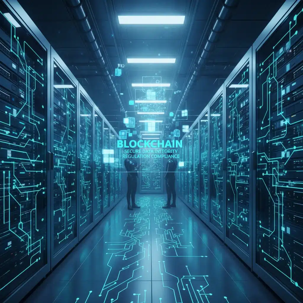High-security data center representing blockchain cybersecurity and regulatory compliance.