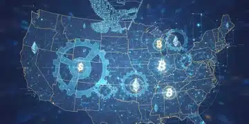 Illustration of blockchain technology impacting the US economy, featuring digital nodes and a national map.