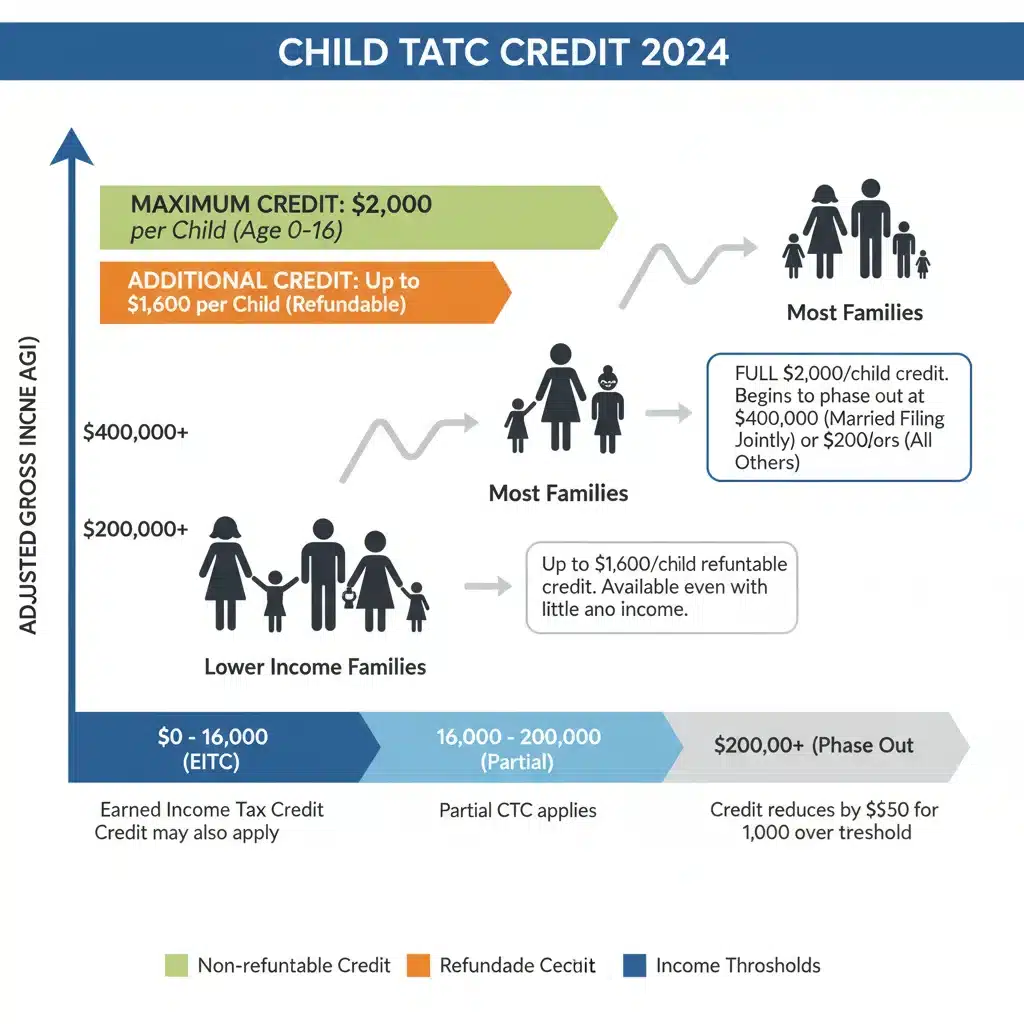 Infographic showing Child Tax Credit income thresholds and credit amounts