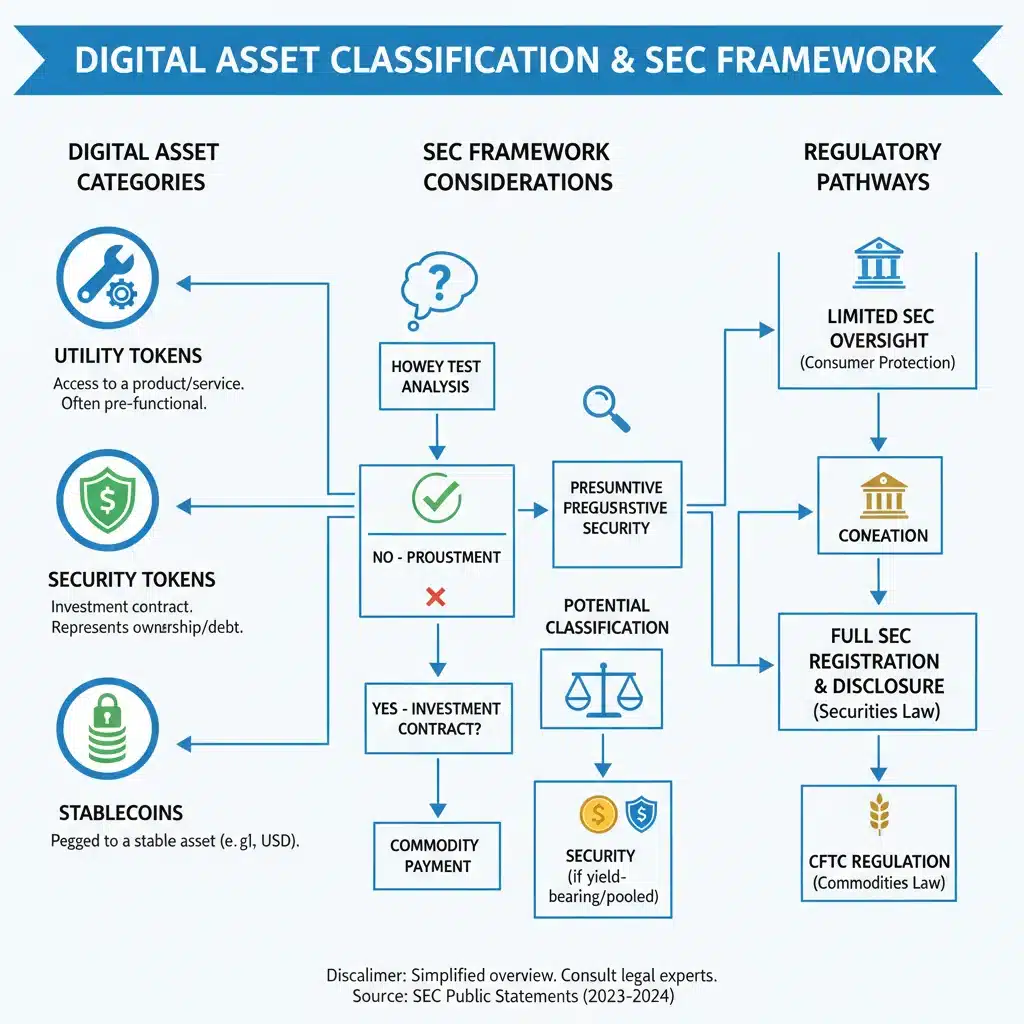 Infographic showing digital asset classifications and SEC regulatory pathways.