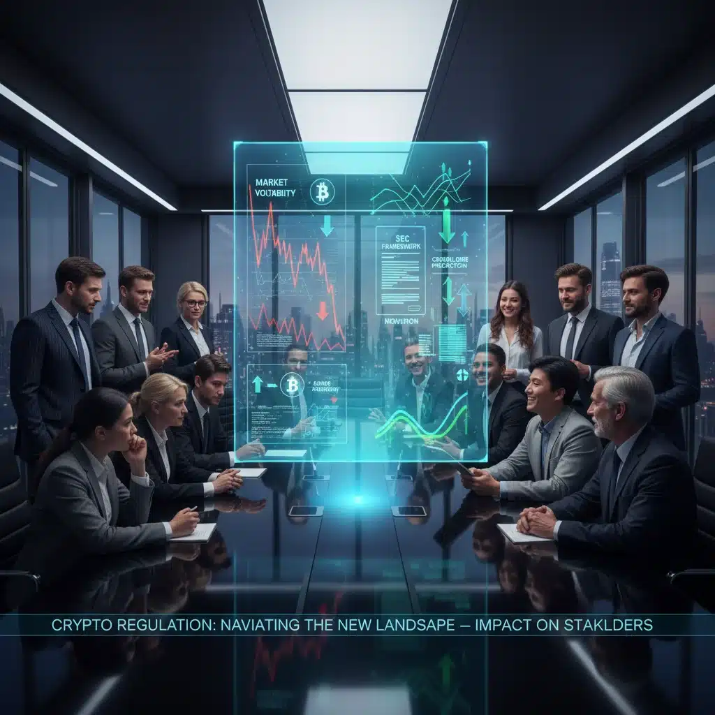 Investors reacting to holographic display of crypto market data and SEC regulations.