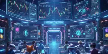 Futuristic metaverse classroom with students learning about crypto
