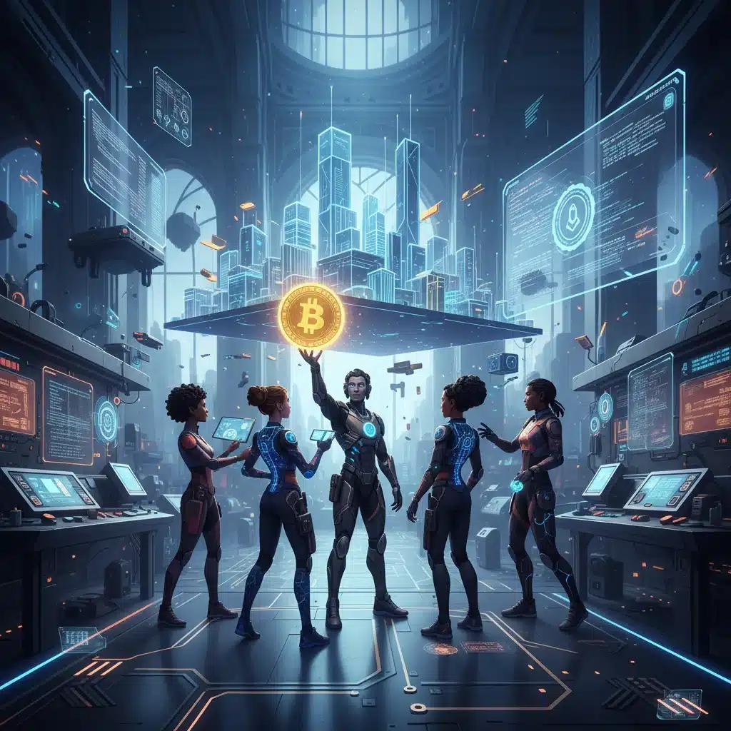 Avatars collaborating on a 3D project in a metaverse workshop with crypto elements