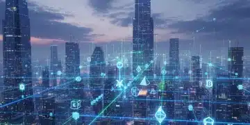 Futuristic digital city with blockchain network and SEC logo, symbolizing digital asset regulation.