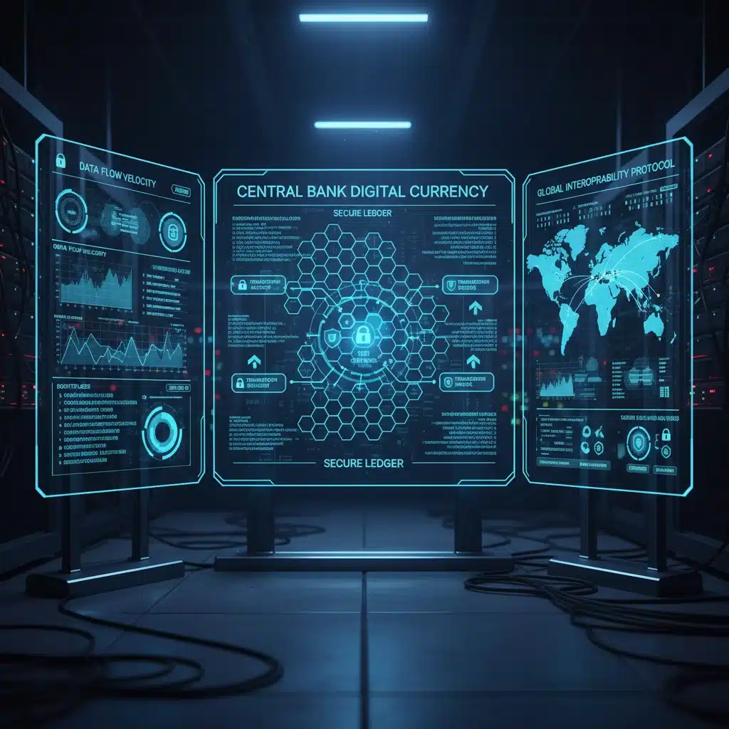 Secure digital ledger showing encrypted CBDC transactions.