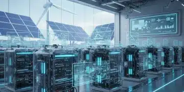 Futuristic cryptocurrency mining facility with sustainable energy