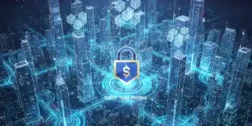 Futuristic digital cityscape with blockchain and smart contract symbols