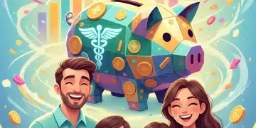 Family smiling with a large piggy bank and medical symbols, representing health savings and financial security for 2026.