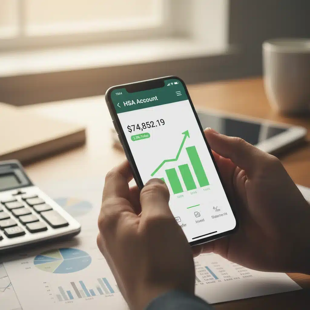 Hand holding a smartphone showing an HSA account balance growing, with financial documents in the background.