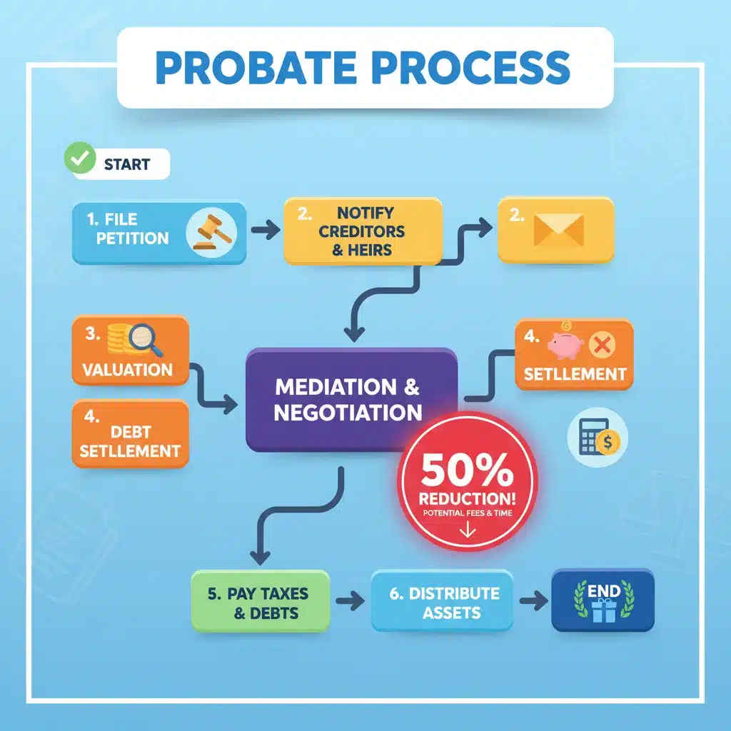 Probate process flowchart showing 50 percent cost reduction